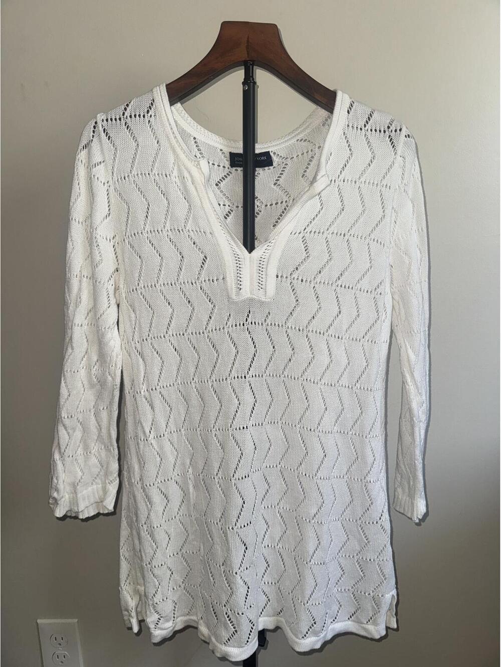 Jones New York White Open Knit Cotton Tunic Beach Cover Up Boho Size L